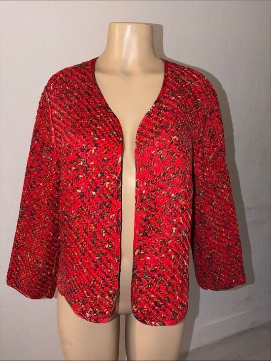 Chico's Silk Braided Red Multicolor Tweed Open-Front Jacket Size L/XL 2