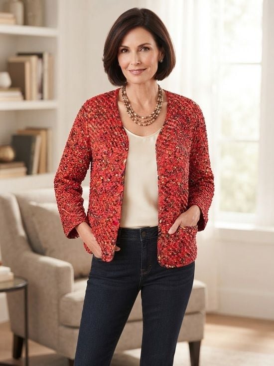 Chico's Silk Braided Red Multicolor Tweed Open-Front Jacket Size L/XL 3
