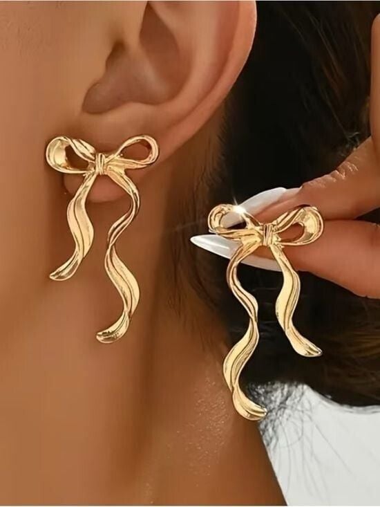 Gold Bow Drop Earrings for Women 2