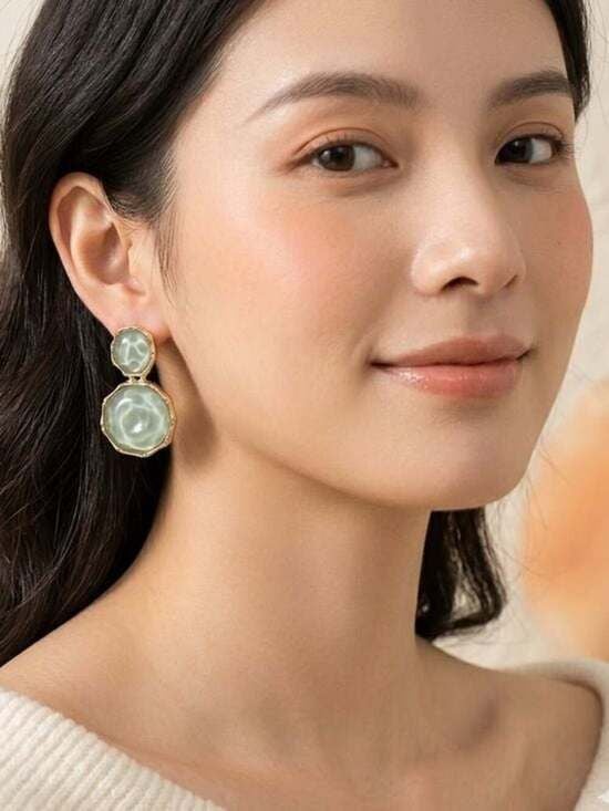Gold-Edged Mint Green Double Drop Earrings - Women Jewelry 2