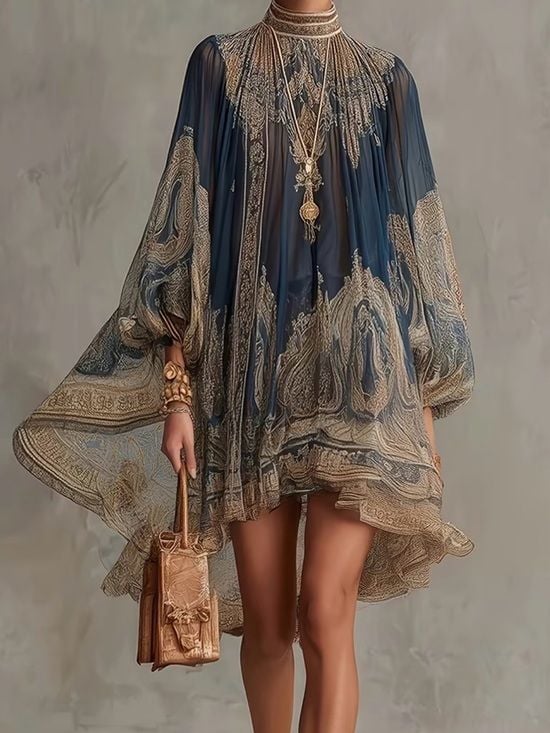 Navy and Gold Paisley High-Neck Mini Dress Medium 2