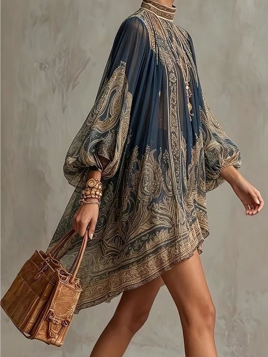 Navy and Gold Paisley High-Neck Mini Dress Medium 3