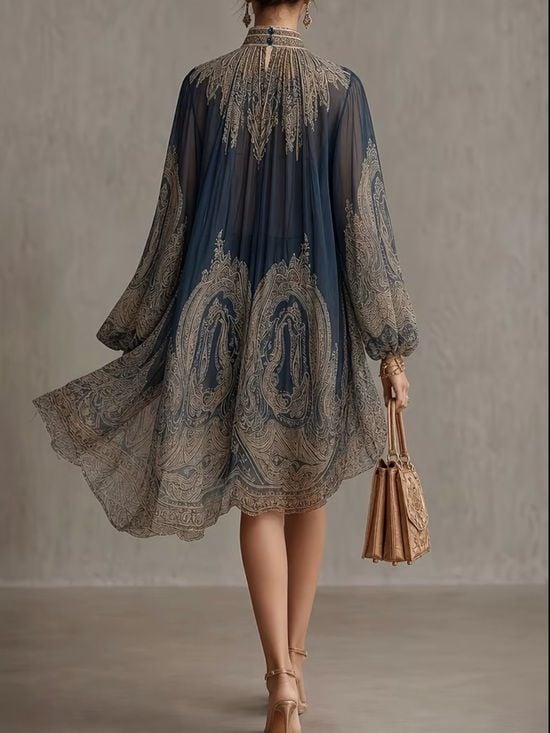 Navy and Gold Paisley High-Neck Mini Dress Medium 4