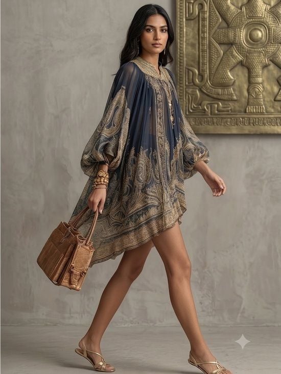 Navy and Gold Paisley High-Neck Mini Dress Medium 5