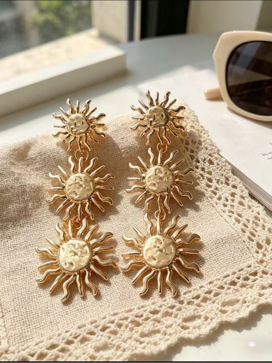 Triple Sunburst Gold Drop Earrings for Women 3