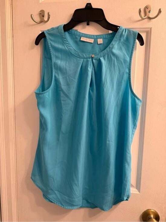 New York & Company Turquoise Keyhole Pleated Sleeveless Shell Small 3