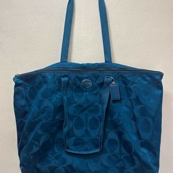 Coach Signature Monogram Teal Blue Nylon Tote Bag
