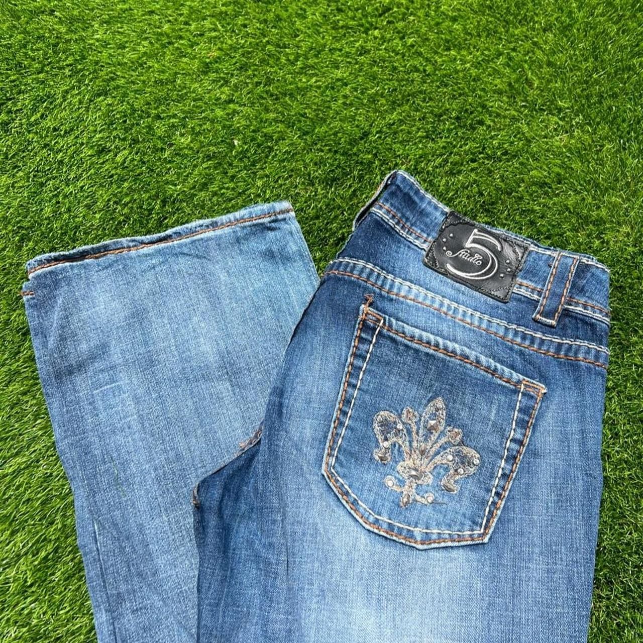 Studio 5 Bootcut Jeans Size 32x33 Y2K Rhinestone Fleur De Lis Denim 5