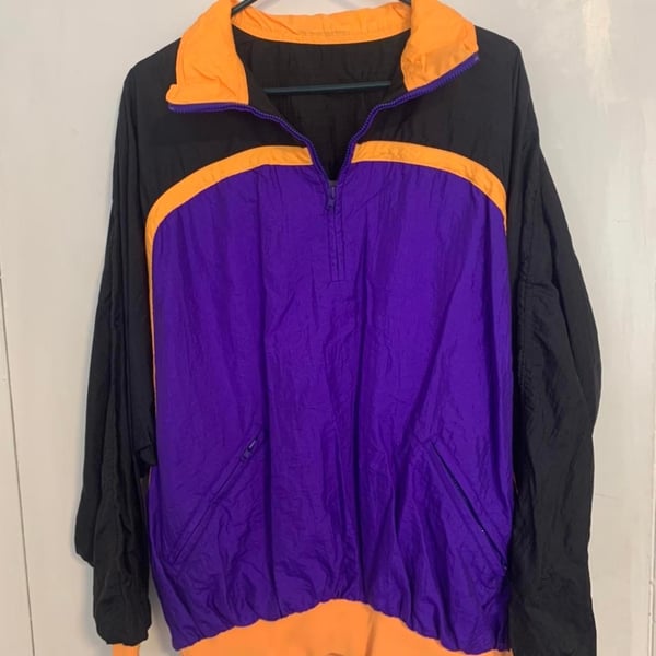Vintage 90s Colorblock Windbreaker Half Zip Black Purple Orange