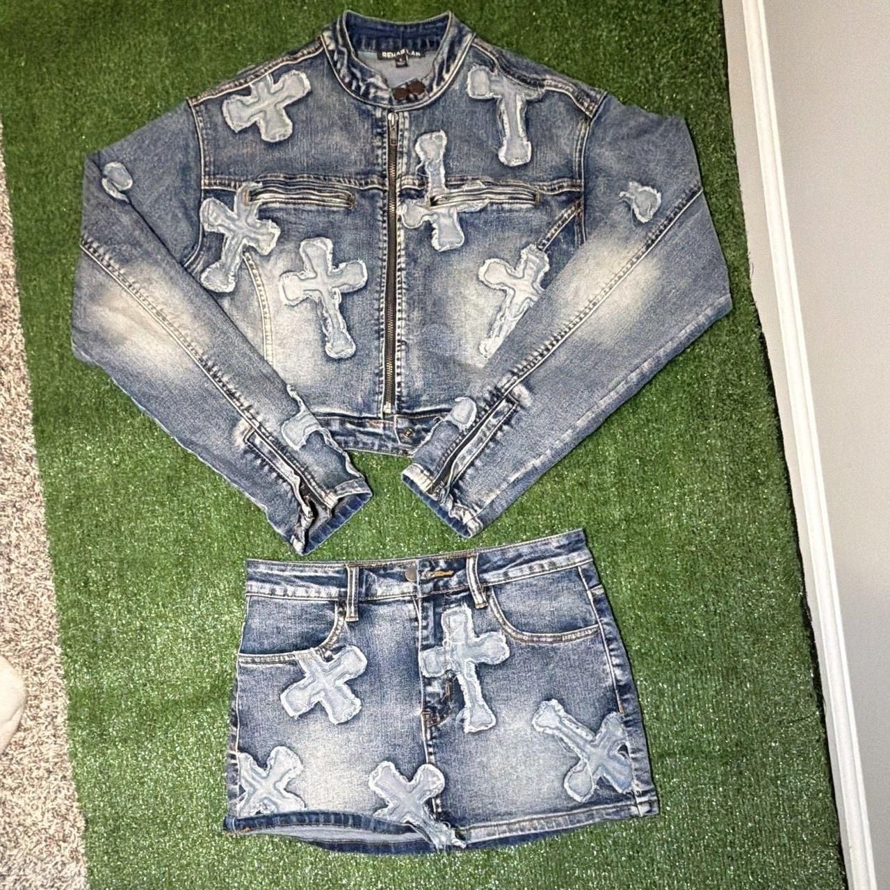 Rehab Lab Denim Jacket And Skirt Set Size S Cross Patches Blue 1
