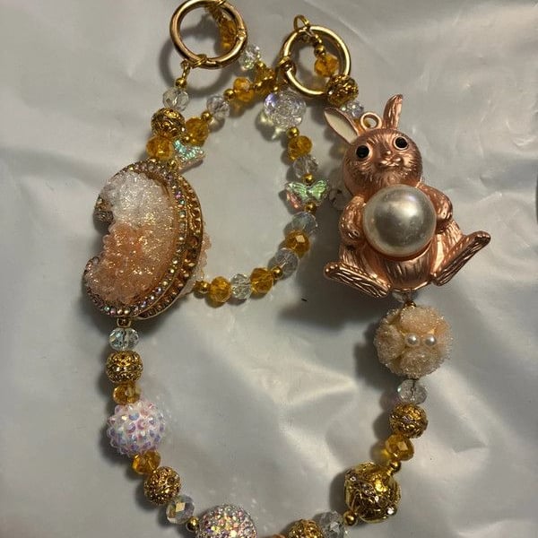 Gold tone bunny and moon beaded bag charm chain pink