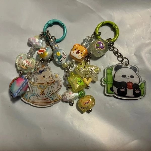 Kawaii two set key chains plastic charms panda kitty green blue
