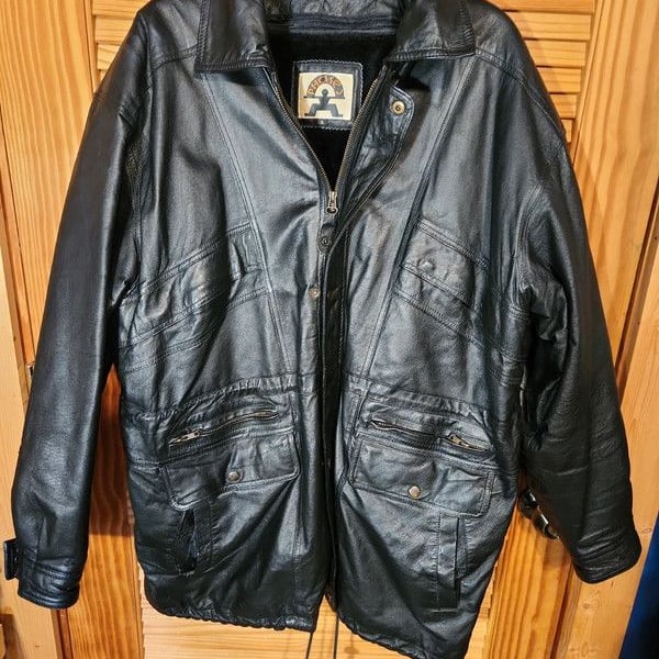 Vintage 90s Phase Two Multi-Pocket Black Genuine Leather Utility Parka Jacket - Men's XL