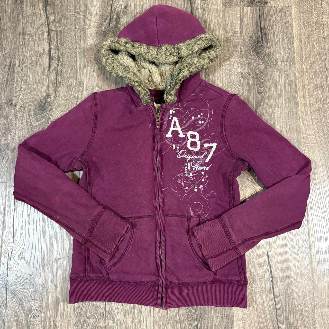 Aeropostale A87 Fur Lined Zip Up Hoodie Size M Maroon Y2K 3