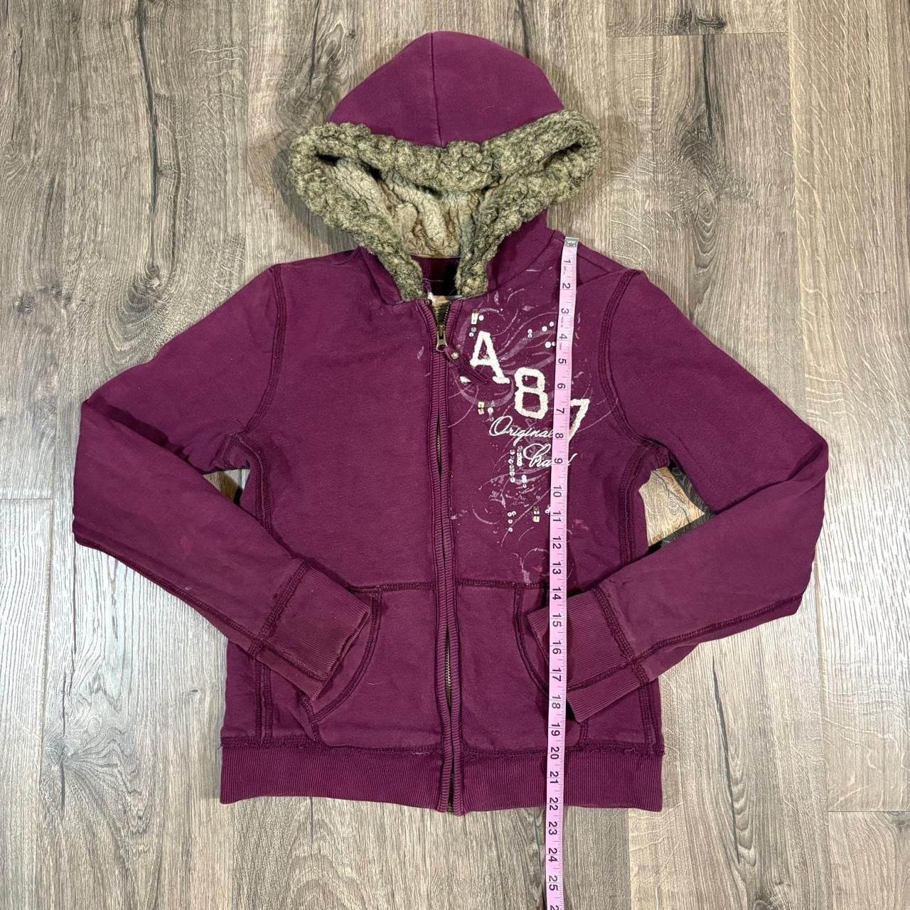 Aeropostale A87 Fur Lined Zip Up Hoodie Size M Maroon Y2K 7