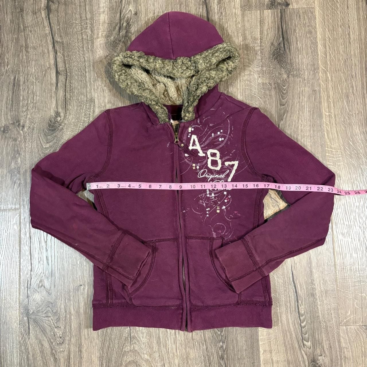 Aeropostale A87 Fur Lined Zip Up Hoodie Size M Maroon Y2K 8