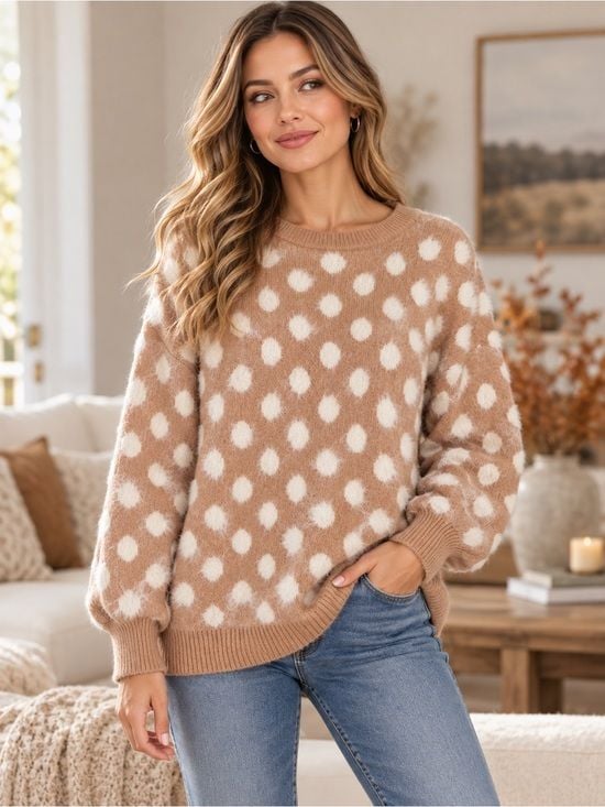 Cotton Bleu Fuzzy Polka Dot Sweater Women’s M Camel Cream Cozy Knit 2