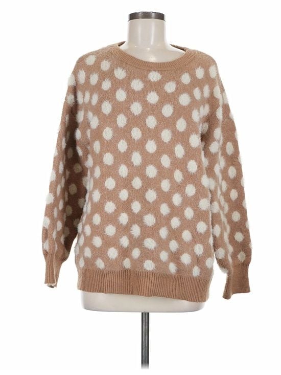 Cotton Bleu Fuzzy Polka Dot Sweater Women’s M Camel Cream Cozy Knit 3