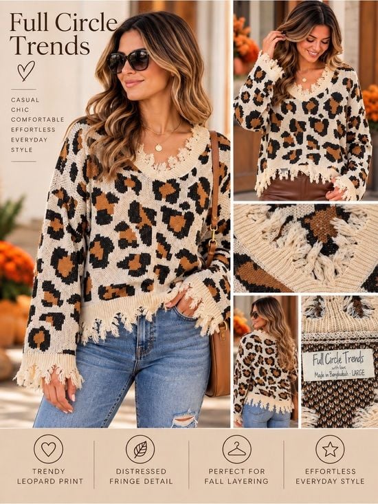Full Circle Trends Leopard Fringe Sweater Women’s L Distressed V Neck Boho 2