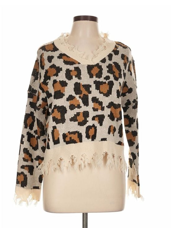 Full Circle Trends Leopard Fringe Sweater Women’s L Distressed V Neck Boho 3
