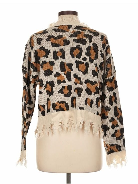 Full Circle Trends Leopard Fringe Sweater Women’s L Distressed V Neck Boho 4