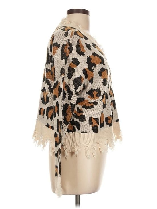 Full Circle Trends Leopard Fringe Sweater Women’s L Distressed V Neck Boho 5