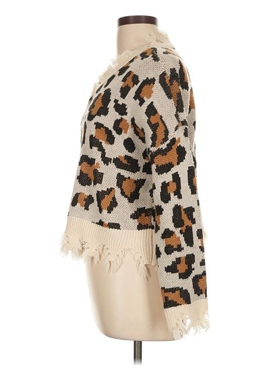 Full Circle Trends Leopard Fringe Sweater Women’s L Distressed V Neck Boho 6