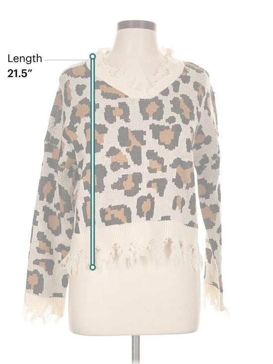 Full Circle Trends Leopard Fringe Sweater Women’s L Distressed V Neck Boho 7