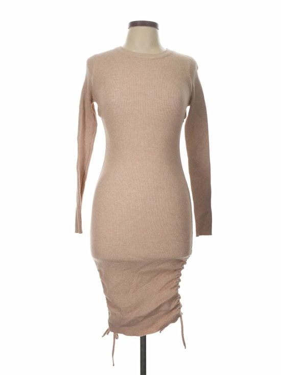 ACOA Beige Ribbed Midi Dress Women’s L Ruched Side Drawstring Bodycon 3