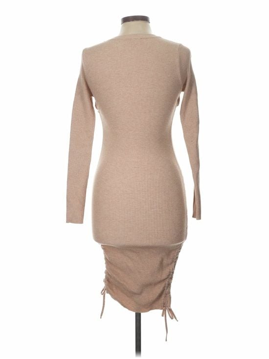 ACOA Beige Ribbed Midi Dress Women’s L Ruched Side Drawstring Bodycon 4
