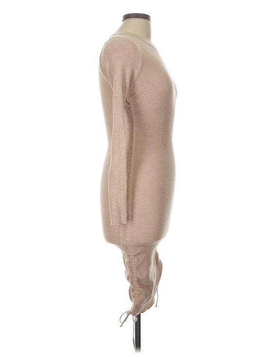 ACOA Beige Ribbed Midi Dress Women’s L Ruched Side Drawstring Bodycon 5