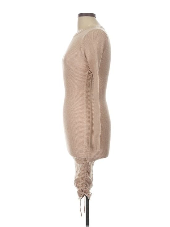 ACOA Beige Ribbed Midi Dress Women’s L Ruched Side Drawstring Bodycon 6