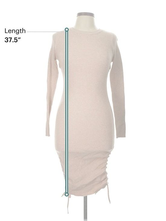 ACOA Beige Ribbed Midi Dress Women’s L Ruched Side Drawstring Bodycon 7