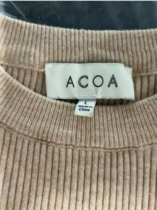 ACOA Beige Ribbed Midi Dress Women’s L Ruched Side Drawstring Bodycon 8