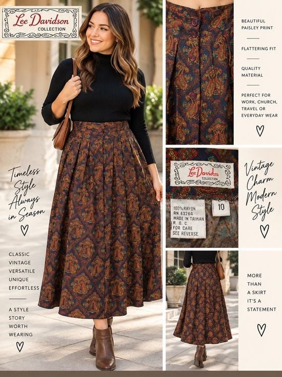 Vintage Lee Davidson Paisley Midi Maxi Skirt Women’s 10 Pleated Button Back 2