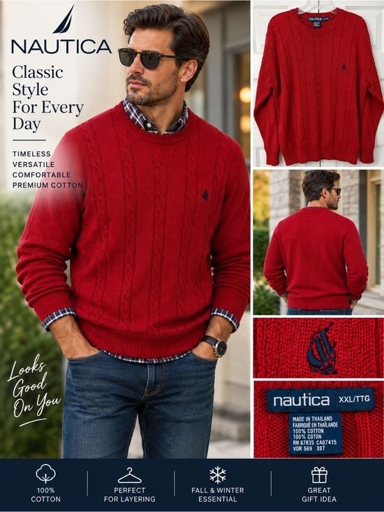 Nautica Men’s Red Cable Knit Sweater Crewneck Cotton Preppy XXL 2
