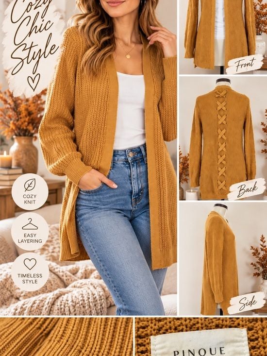 Pinque Design Studio Mustard Cardigan Women’s M Lace Up Back Open Front Knit 2