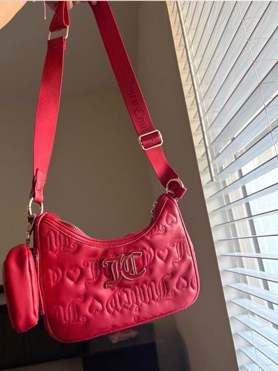 Juicy Couture Red Qulited Shoulder Bag with Mini Pouch Purse Gold Hardware 4