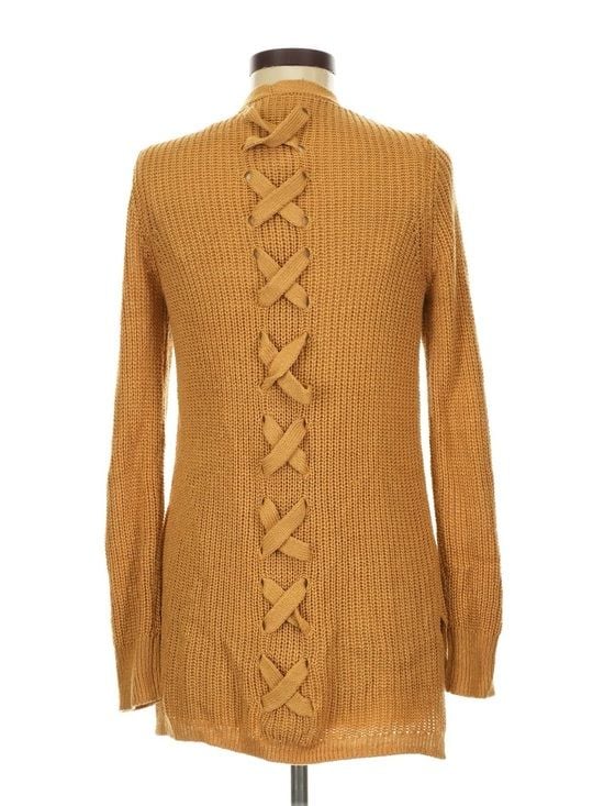 Pinque Design Studio Mustard Cardigan Women’s M Lace Up Back Open Front Knit 4