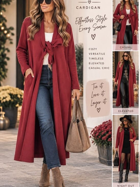 Harper Greer Burgundy Long Cardigan Tie Front Duster Fall Quiet Luxury 3