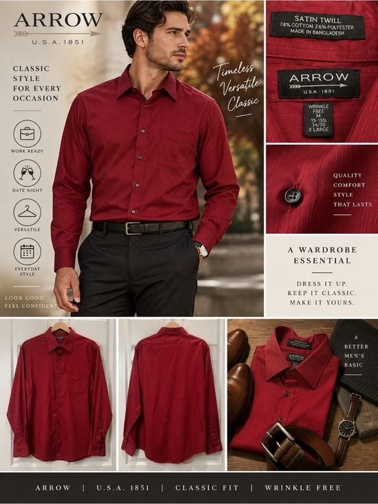 Arrow Men’s M Red Satin Twill Dress Shirt Wrinkle Free Long Sleeve Holiday 2