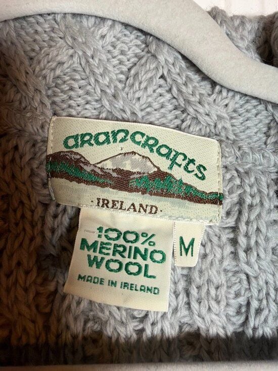 Aran Crafts Ireland Merino Wool Cable Knit Cardigan Sweater Gray Fisherman M 5