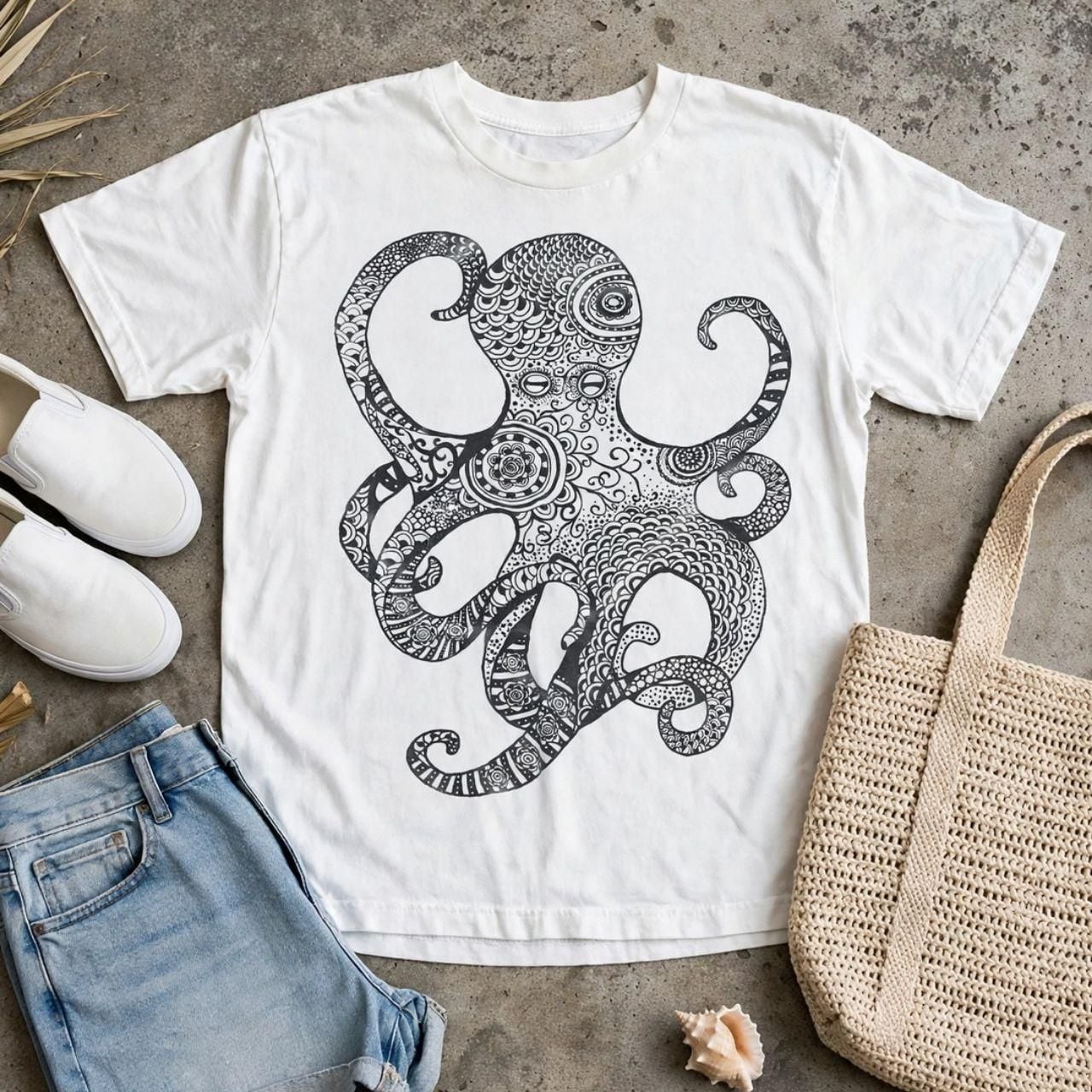 Unbranded Octopus Graphic Tee White Cotton 2