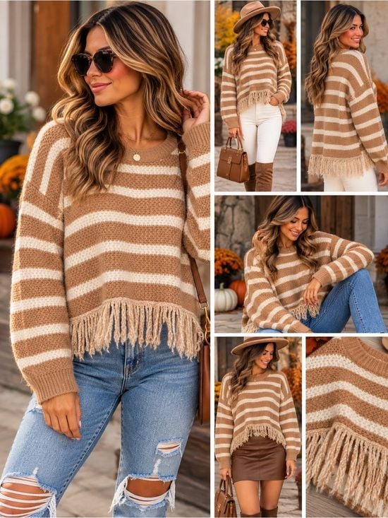 Dreamers by Debut Fringe Sweater Women’s Size L Camel Cream Striped Knit Boho 2