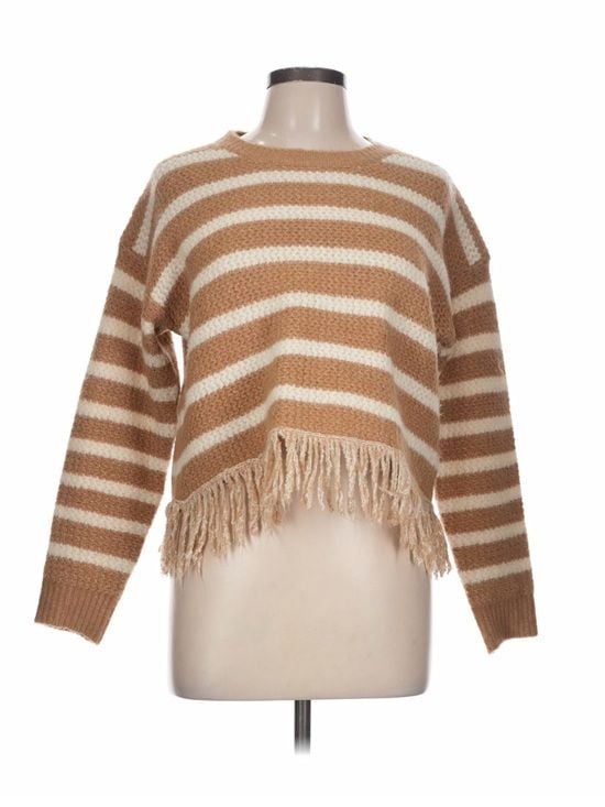 Dreamers by Debut Fringe Sweater Women’s Size L Camel Cream Striped Knit Boho 3