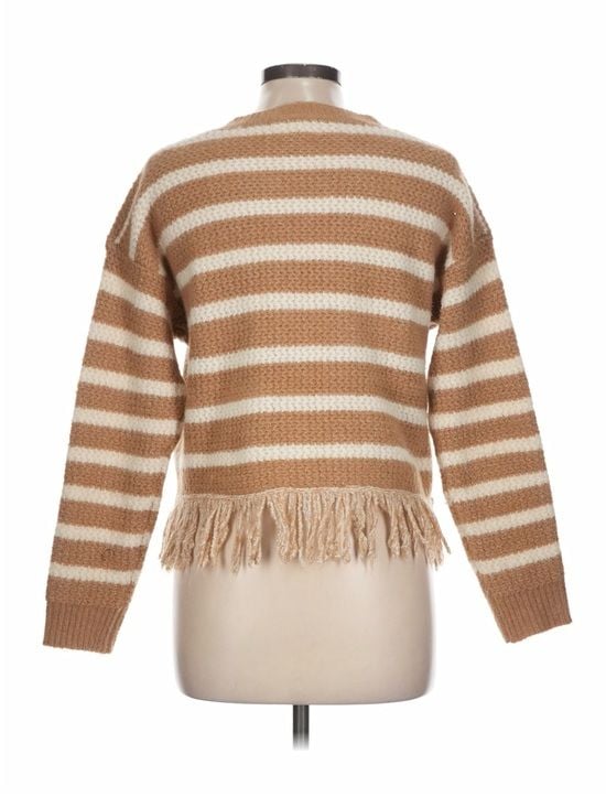 Dreamers by Debut Fringe Sweater Women’s Size L Camel Cream Striped Knit Boho 4
