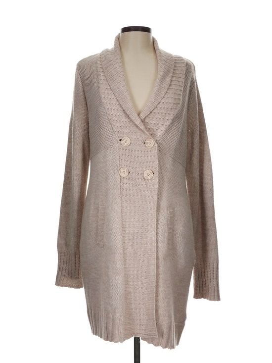 H&M Long Cardigan Women’s L Beige Earthy Double Breasted Shawl Collar Sweater 3