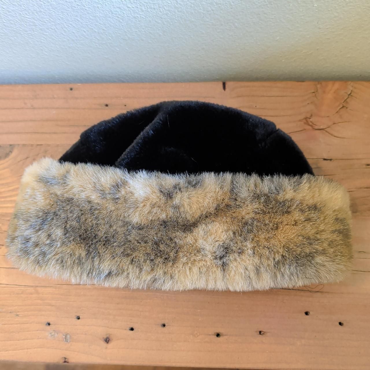 Vintage Faux Fur Pillbox Hat Black Velvet Winter Cap Russian Style 2