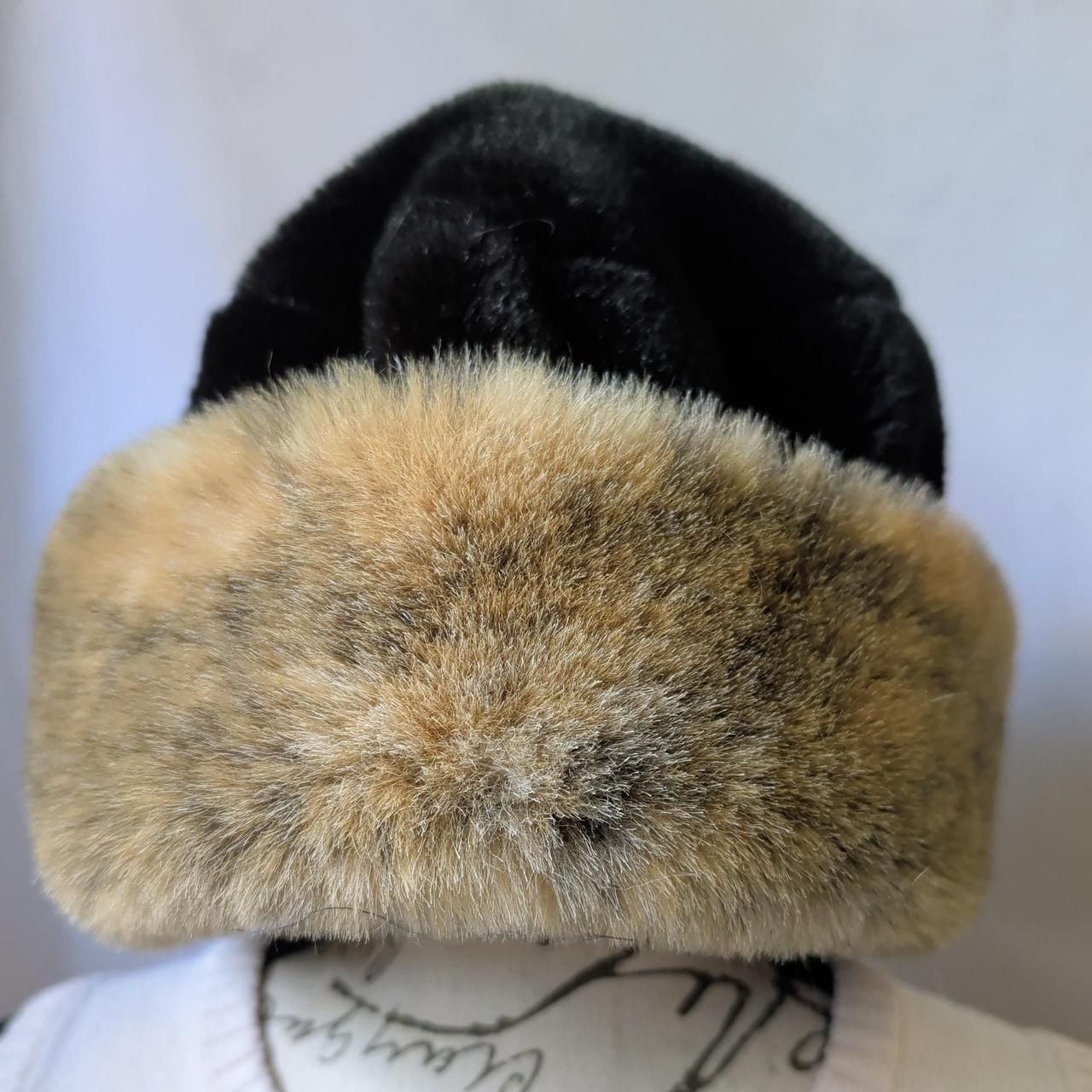 Vintage Faux Fur Pillbox Hat Black Velvet Winter Cap Russian Style 3
