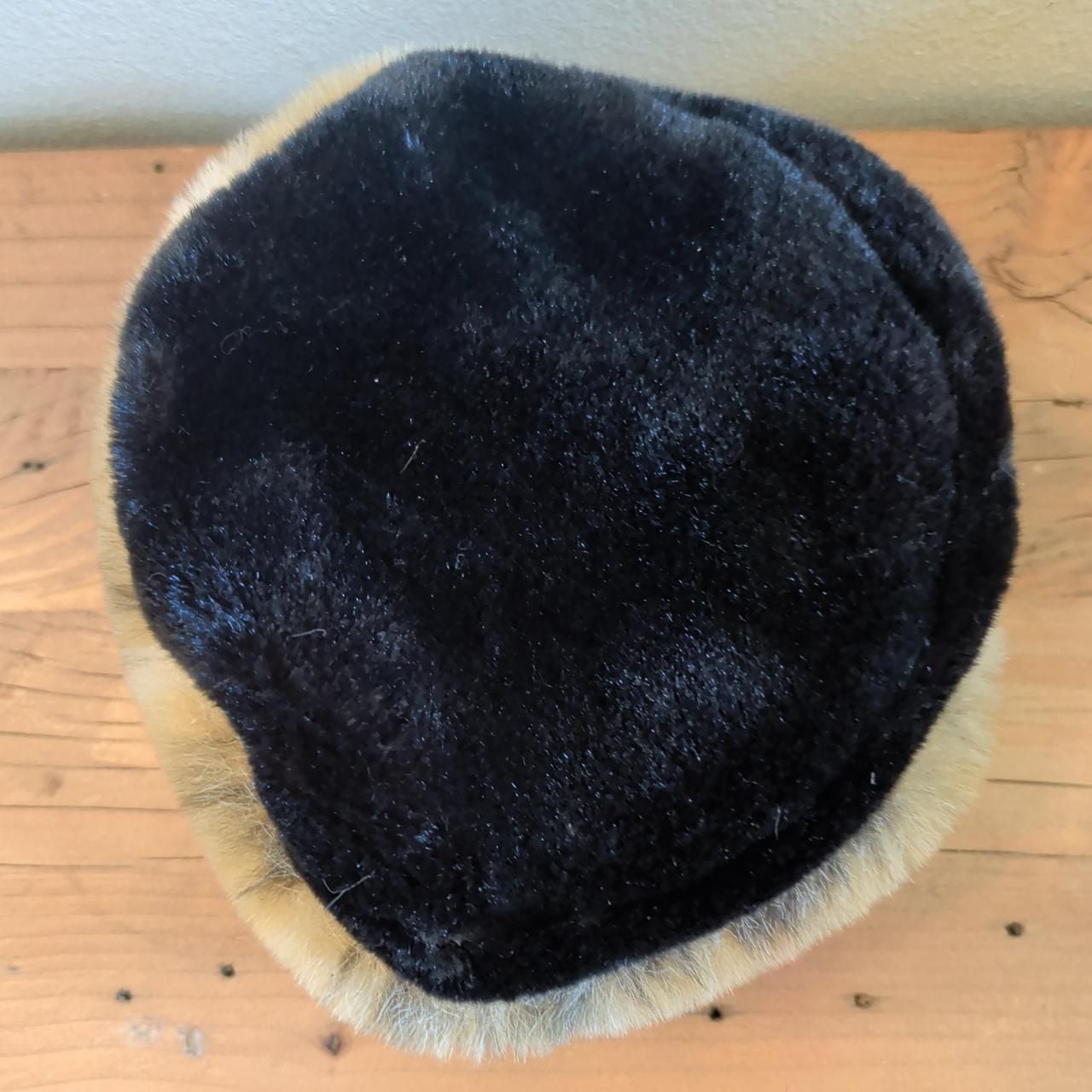 Vintage Faux Fur Pillbox Hat Black Velvet Winter Cap Russian Style 4